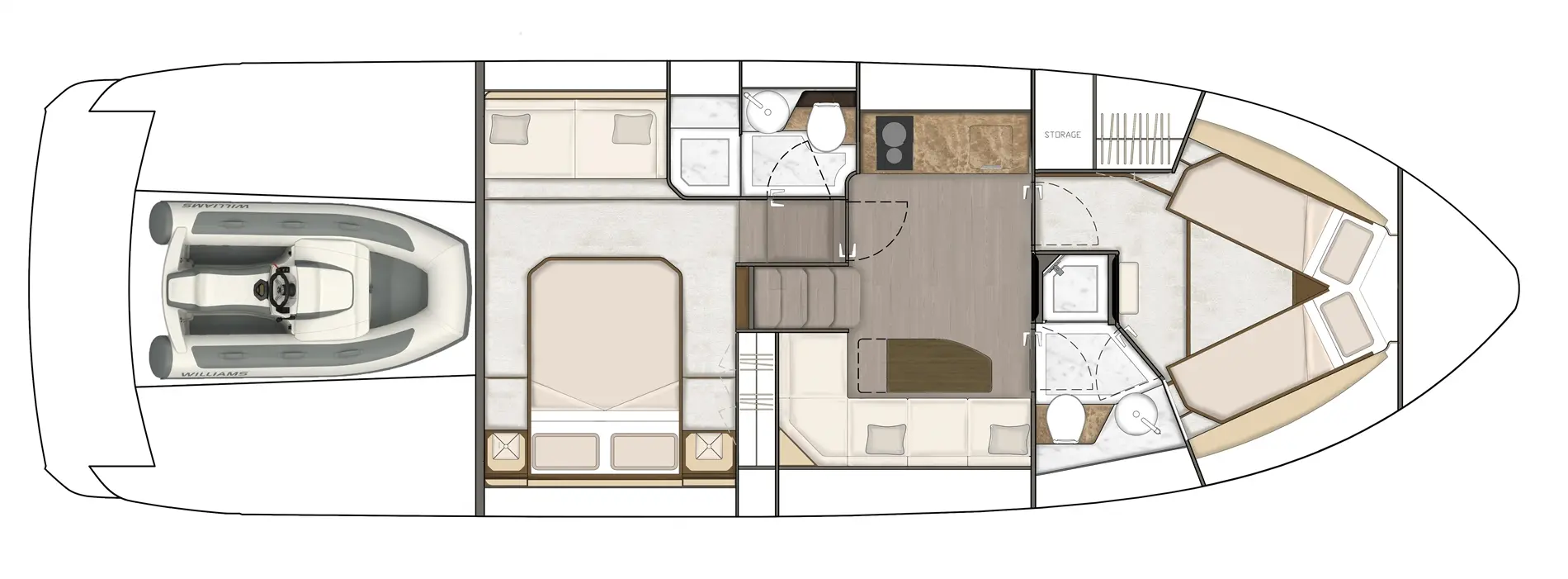 Layout of a modern yacht interior featuring a lounge, kitchen, and two cabins with a Williams tender on deck.